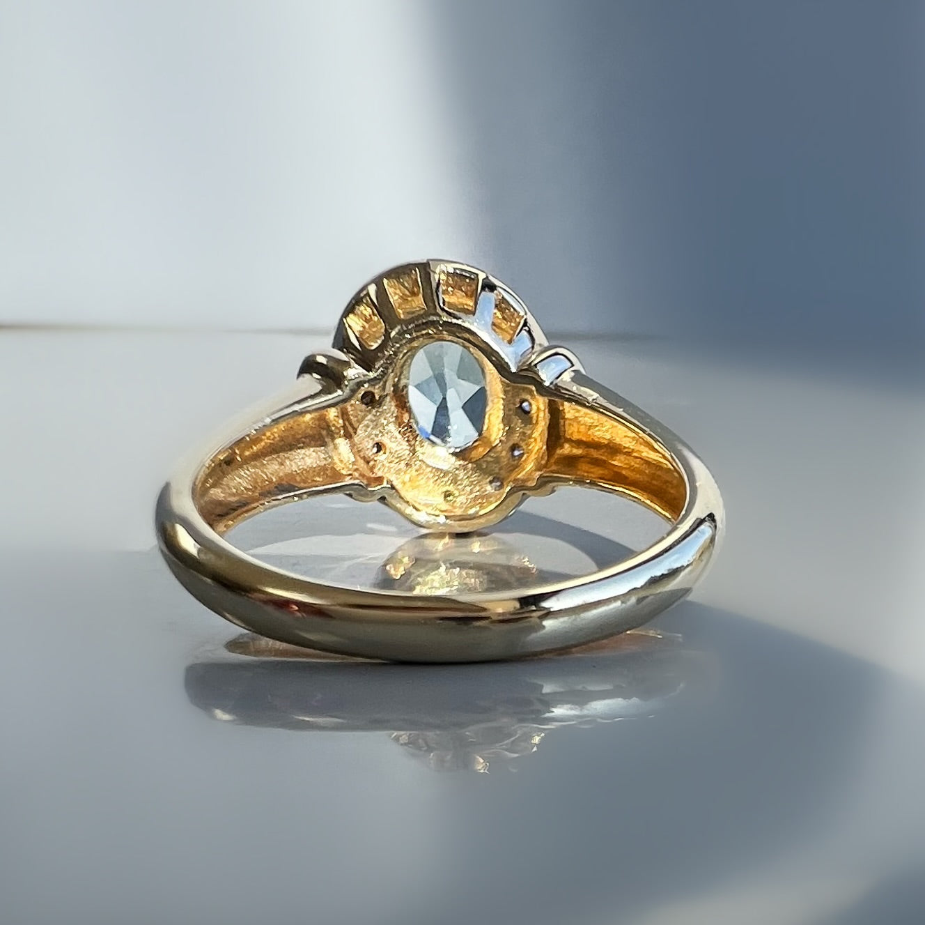 Vintage Blue Topaz and Diamond Halo 9ct Gold Ring