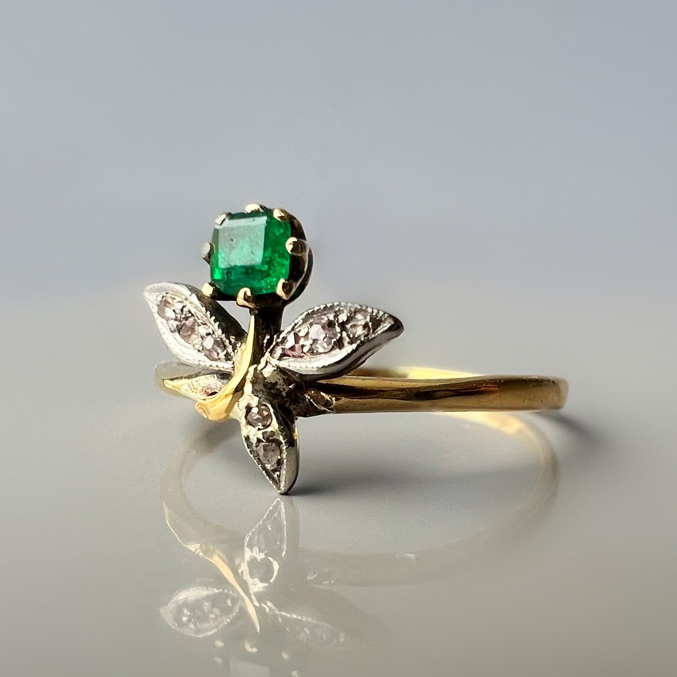 Dainty Floral Emerald and Diamond Ring