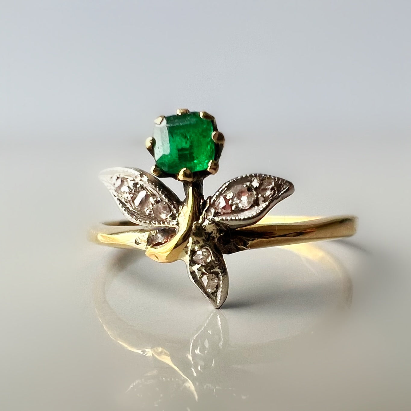 Dainty Floral Emerald and Diamond Ring