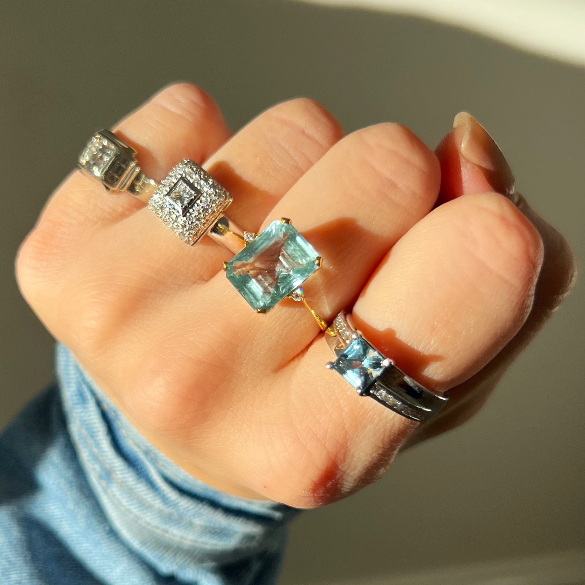 Aquamarine and Diamond Square Cut Ring