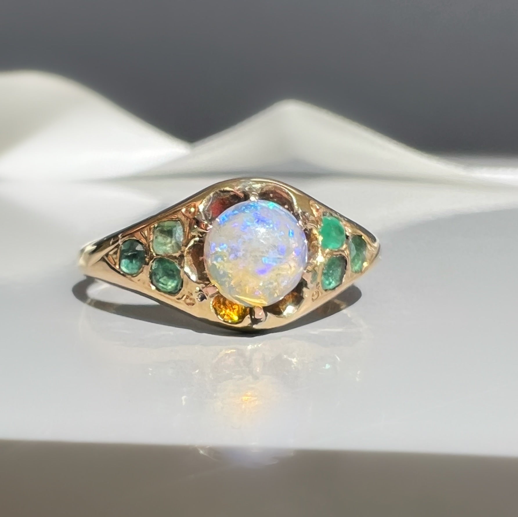 Unusual Opal and Emerlad Belcher Ring