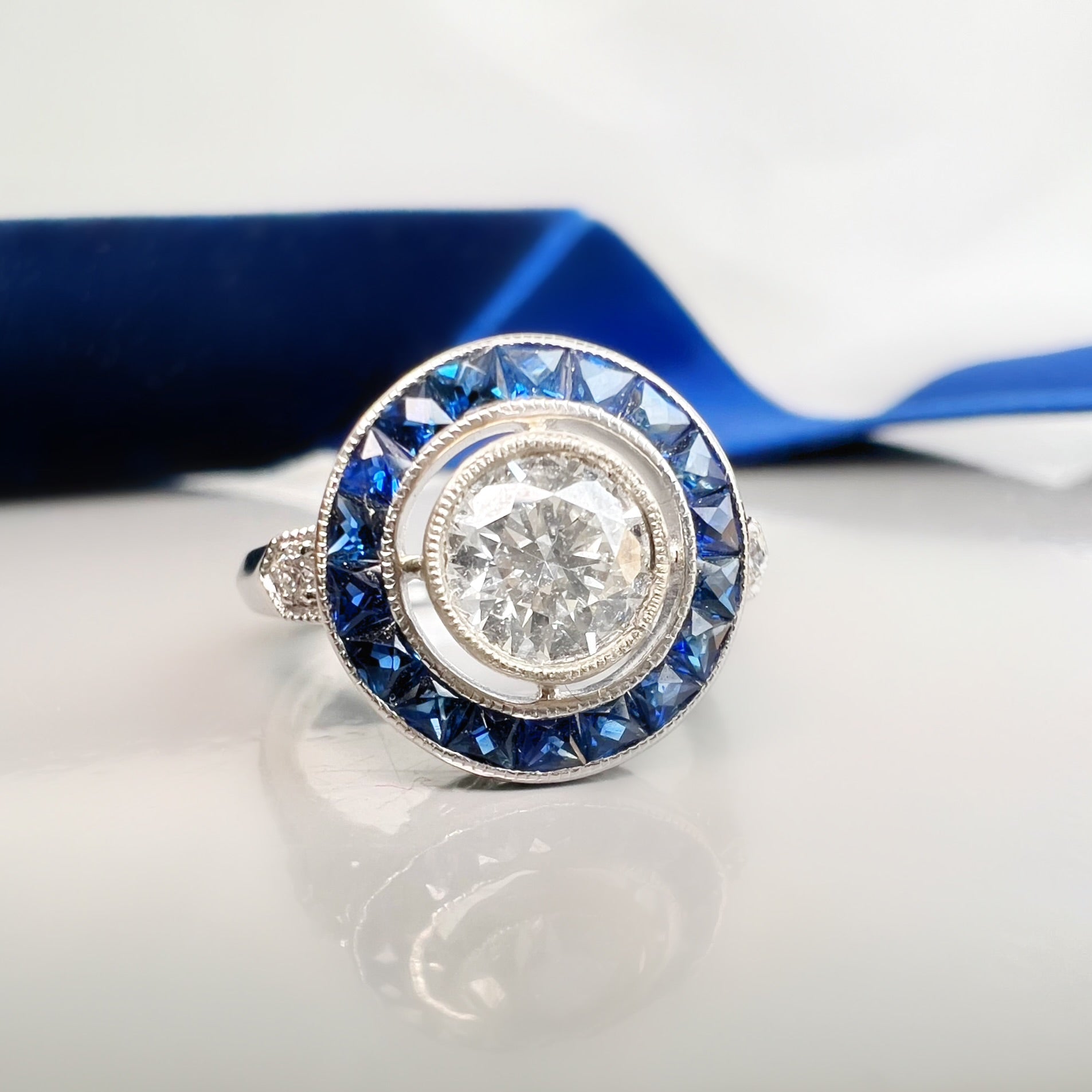 Art Deco Style Sapphire and 0.70ct Diamond Target Ring