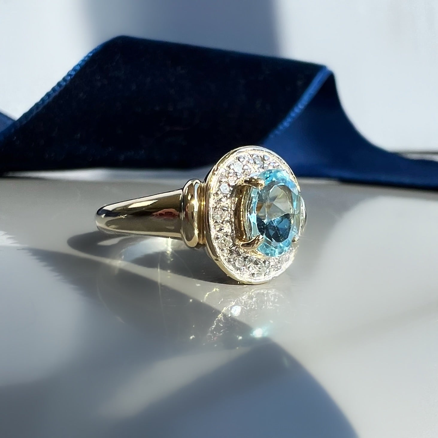 Vintage Blue Topaz and Diamond Halo 9ct Gold Ring