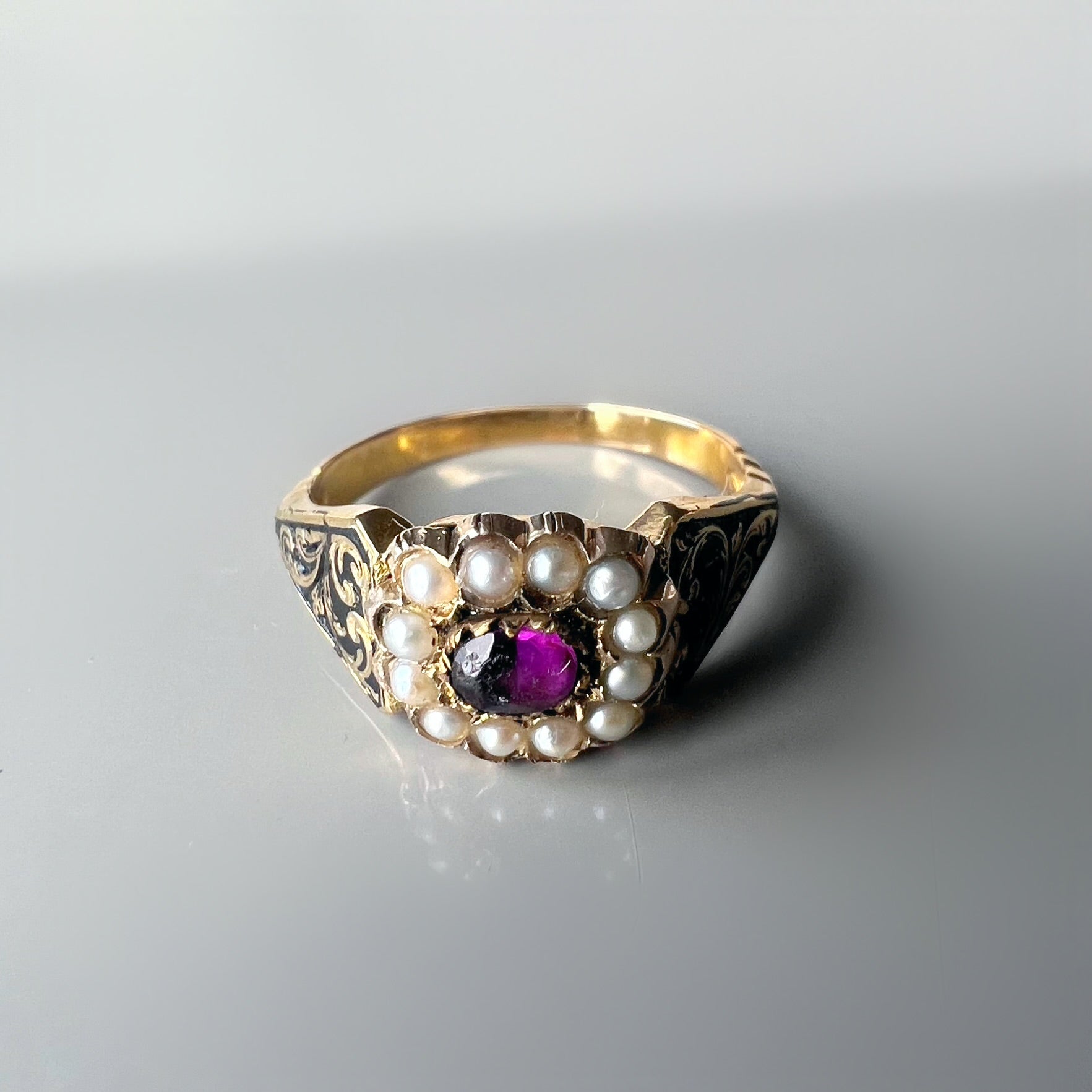 Antique Victorian Amethyst and Pearl Mourning Ring