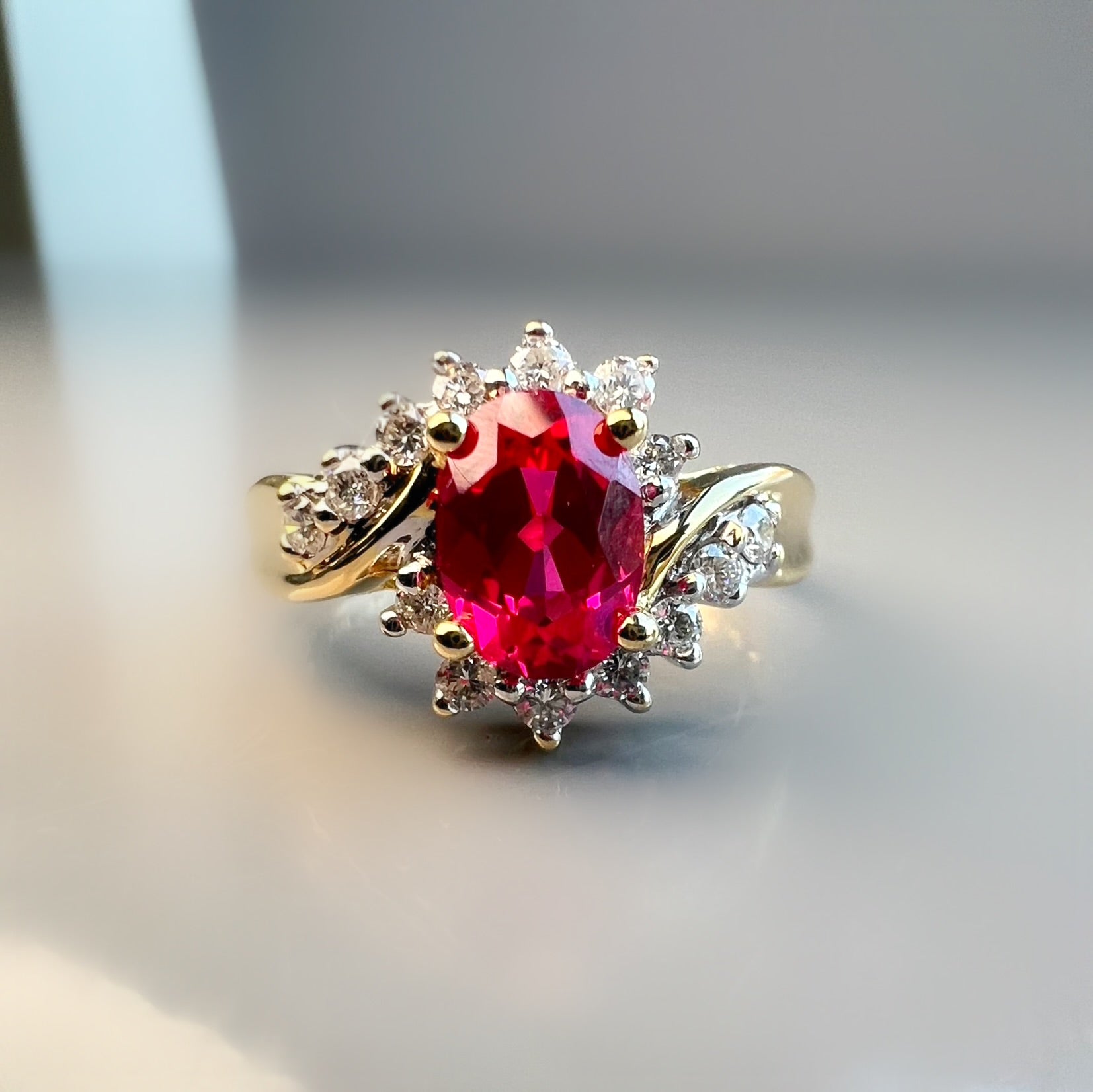 Ruby 0.75ct and Diamond Twist Cluster Ring