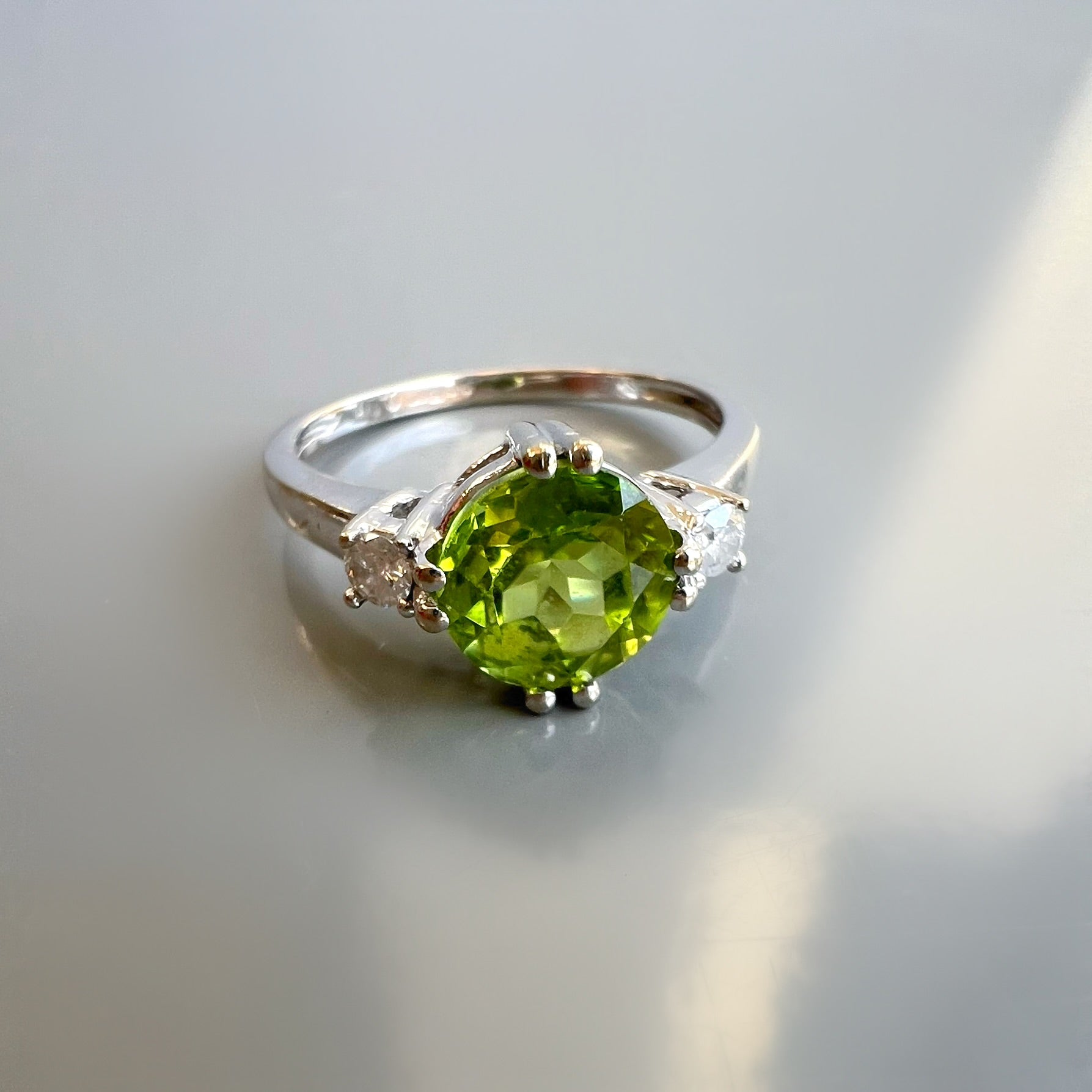 Peridot and Diamond 3 Stone Ring