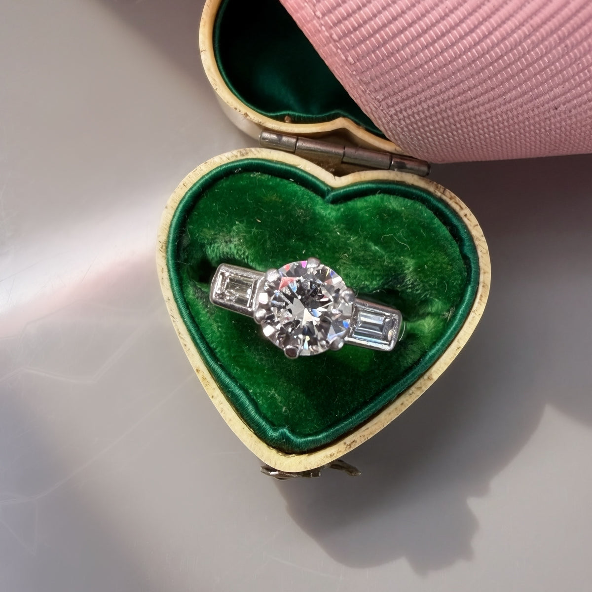 Vintage Solitaire Diamond Ring with Diamond Baguette Shoulders, 1.23ct tcw
