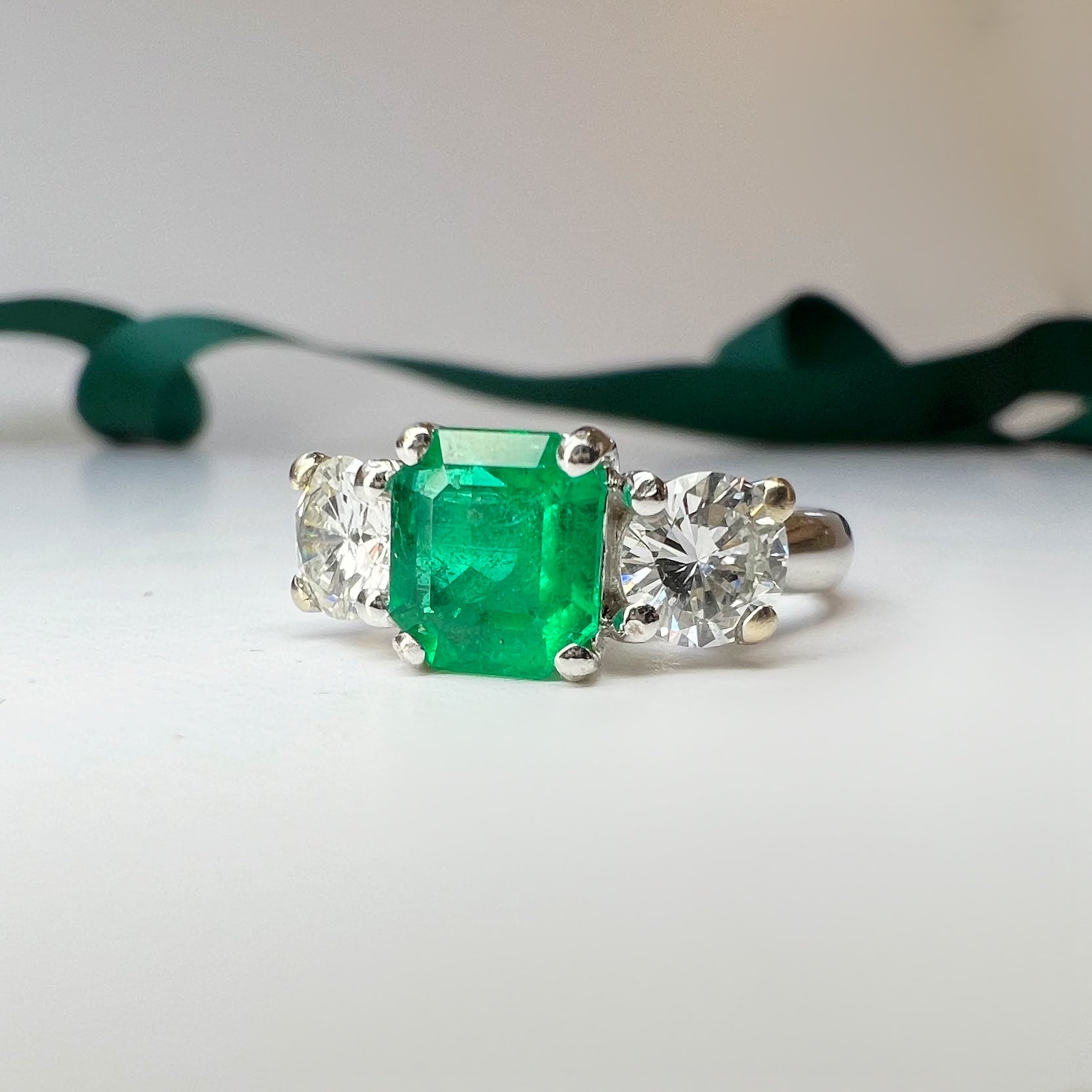 1.26ct Colombian Emerald and 1.02ct Diamond Trilogy Ring