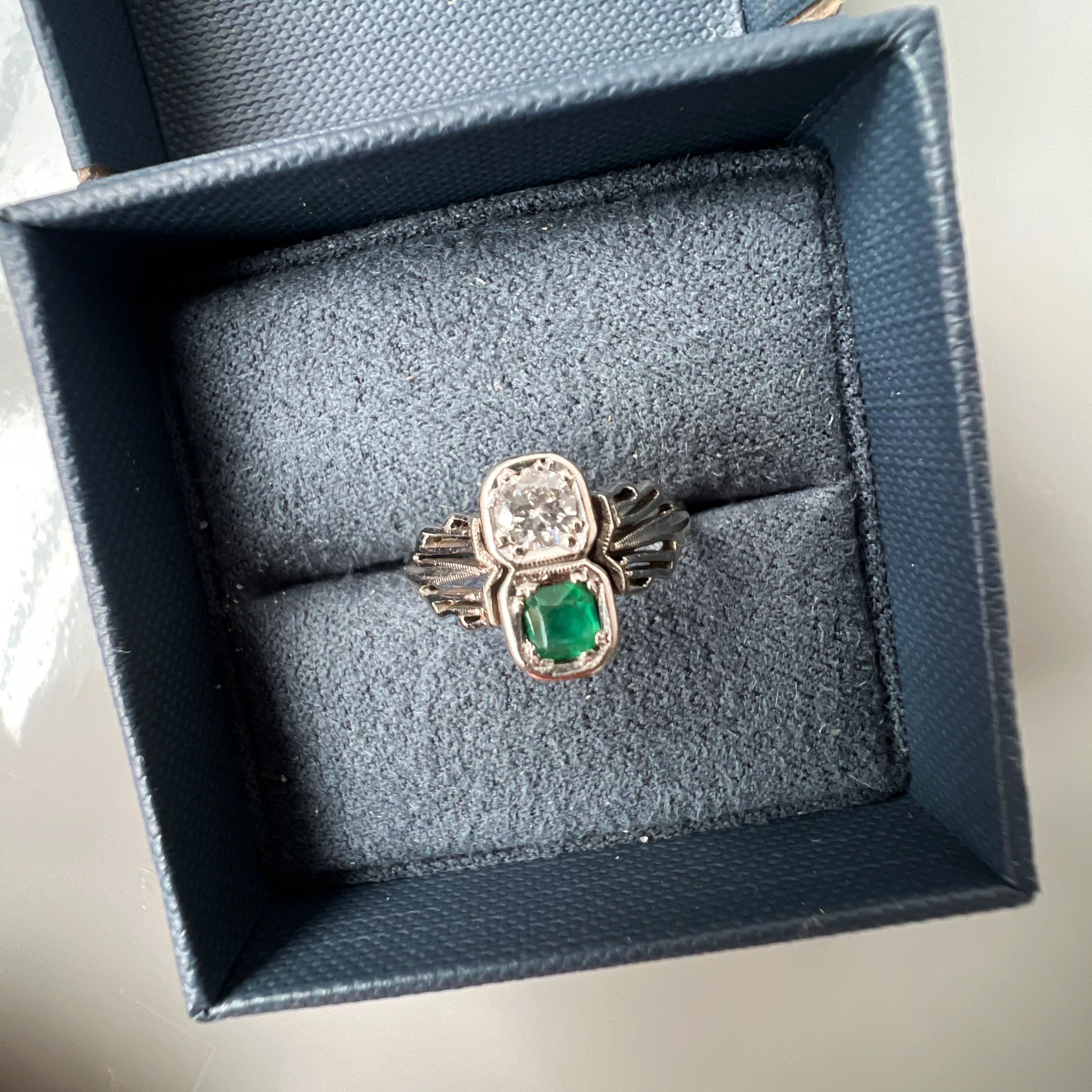 Art Deco Emerald and Diamond 2 Stone Ring
