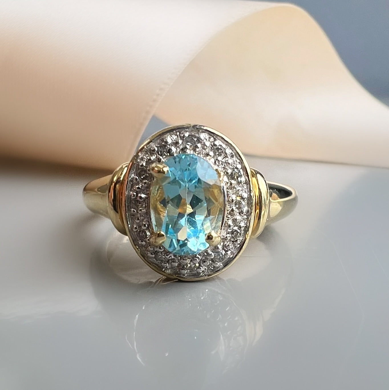 Vintage Blue Topaz and Diamond Halo 9ct Gold Ring