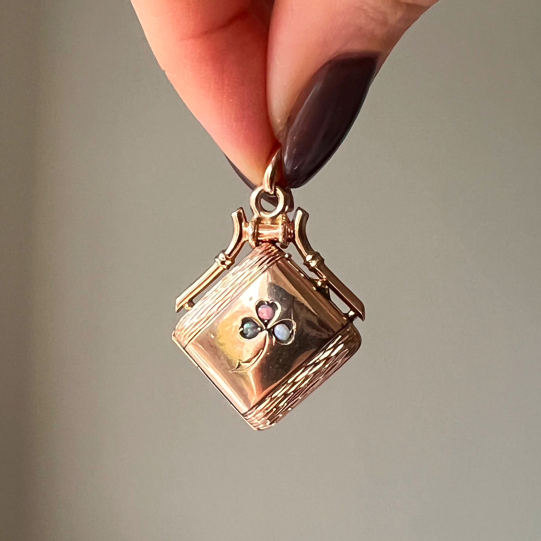 Vintage Square 9ct Gold Locket with Opal Clover
