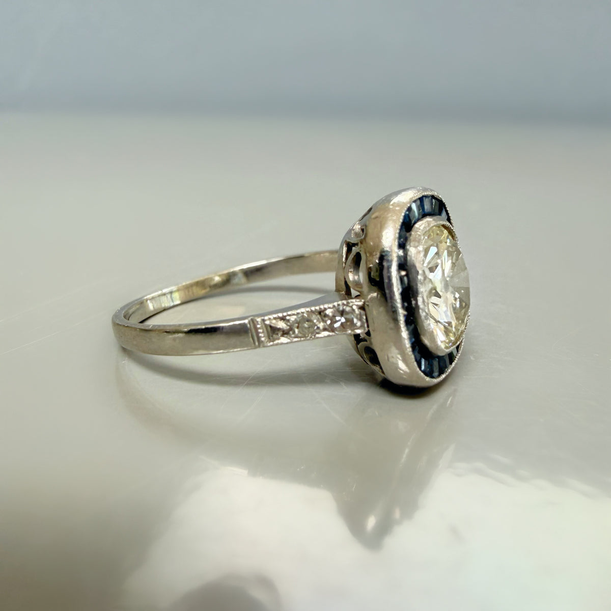 Antique Art Deco 1.32ct Old Cut Diamond and Sapphire Target Ring
