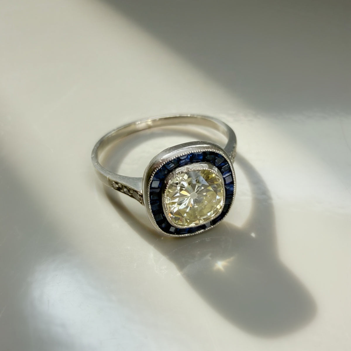 Antique Art Deco 1.32ct Old Cut Diamond and Sapphire Target Ring