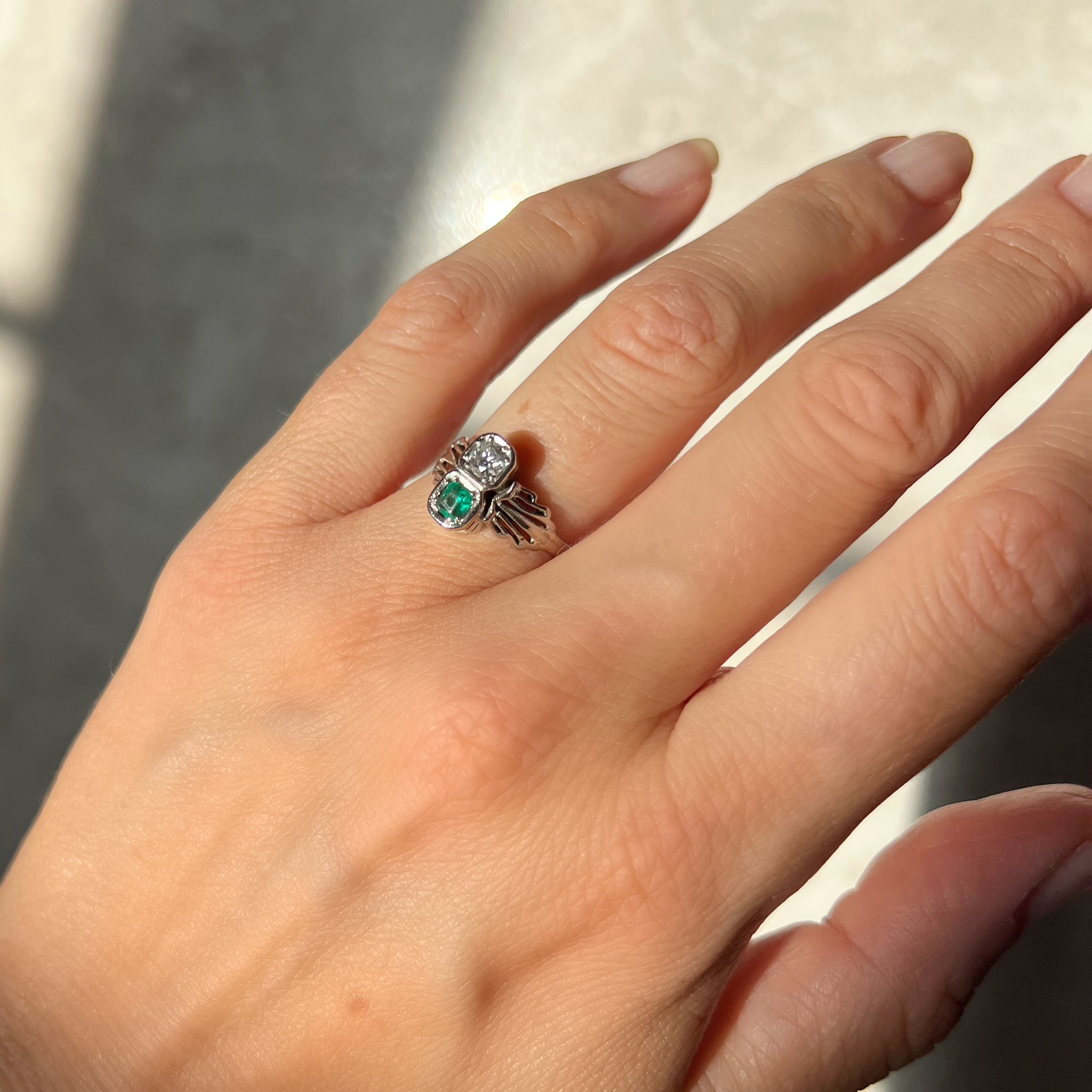 Art Deco Emerald and Diamond 2 Stone Ring
