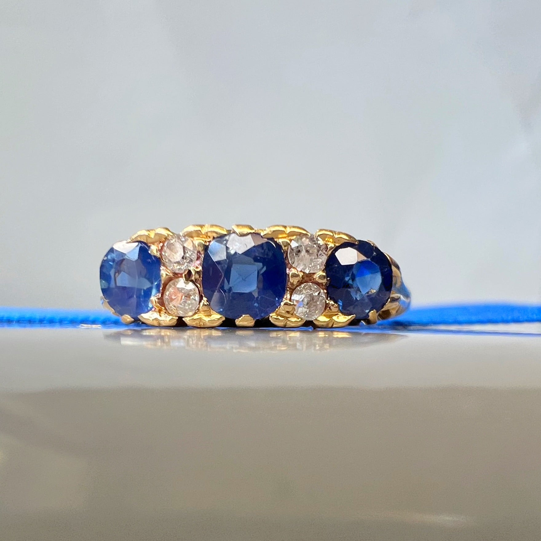 Edwardian Sapphire and Diamond Half Hoop 18ct Gold Carved Ring