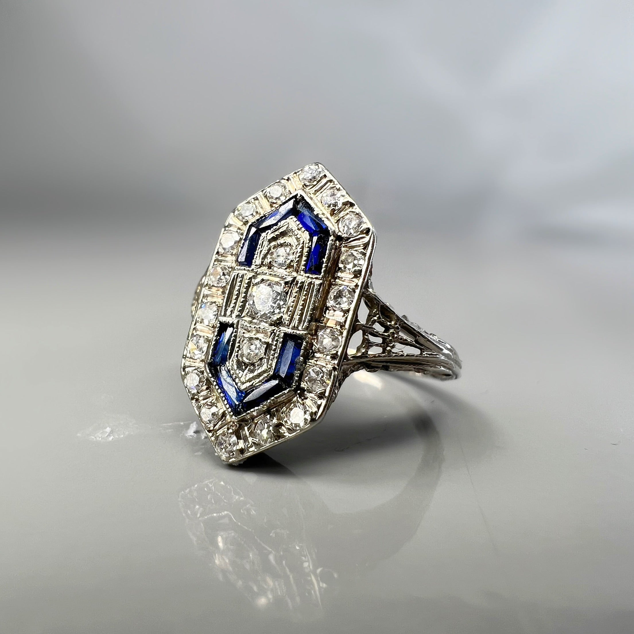 Antique Art Deco Sapphire and Diamond Panel Ring