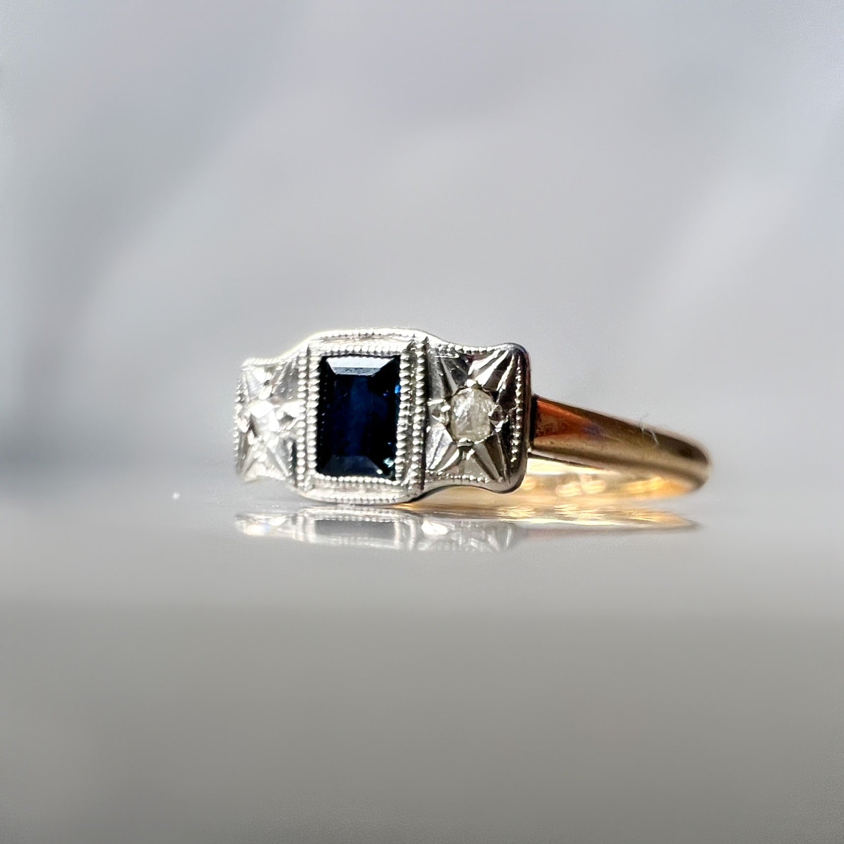 Art Deco Rectangular Sapphire and Diamond Ring