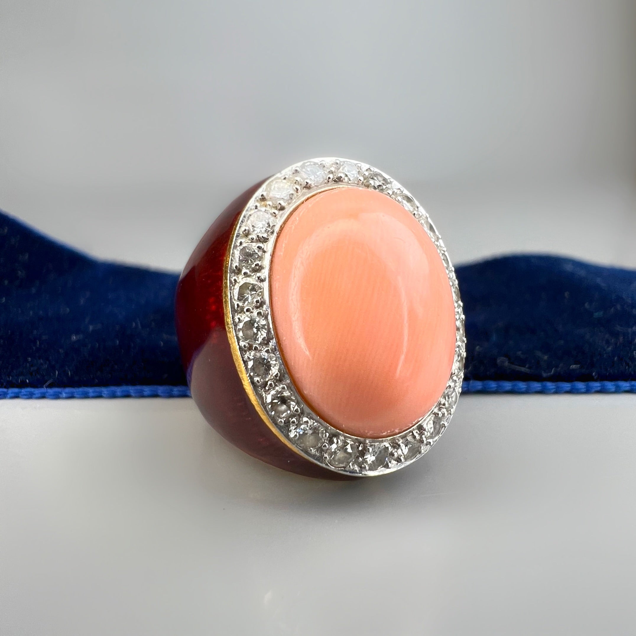 Vintage Coral, Diamond and Enamel Dress Ring