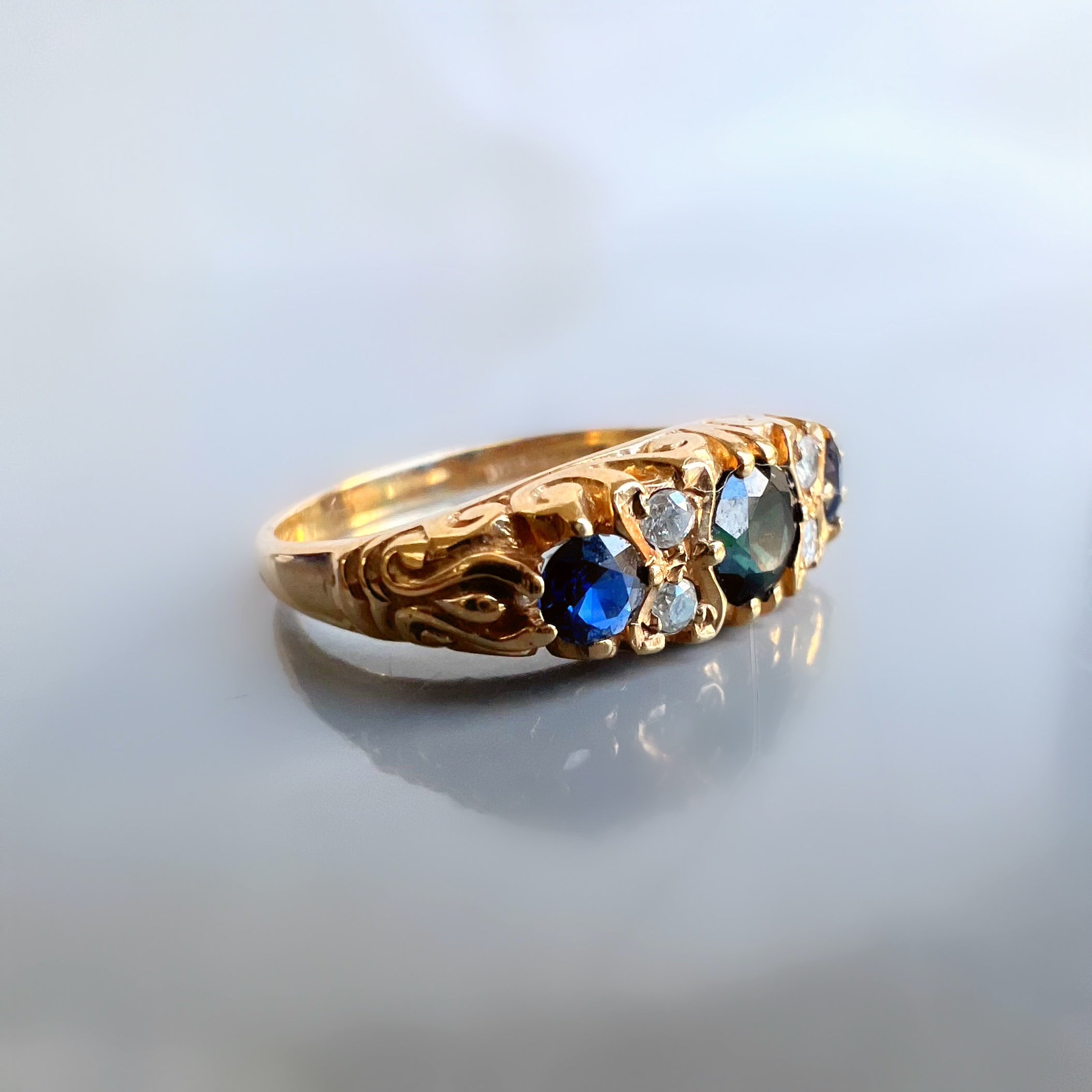 Vintage 3 Sapphire 9ct Gold Half Hoop Ring with Diamond Accents