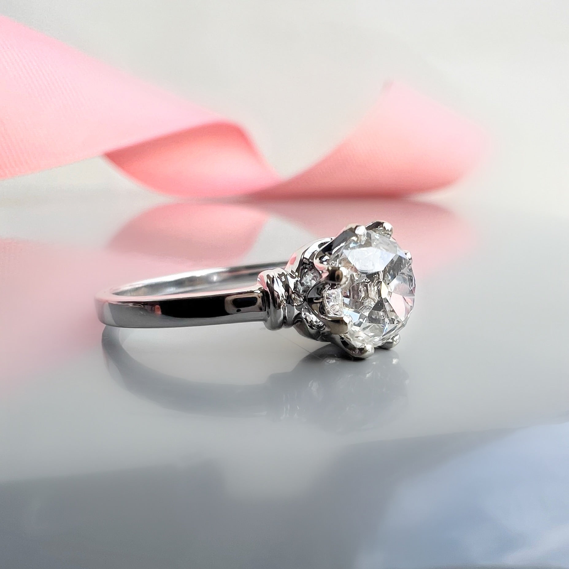 Re-Imagined Antique 1.38ct Old Cushion Cut Diamond, in 18ct White Gold