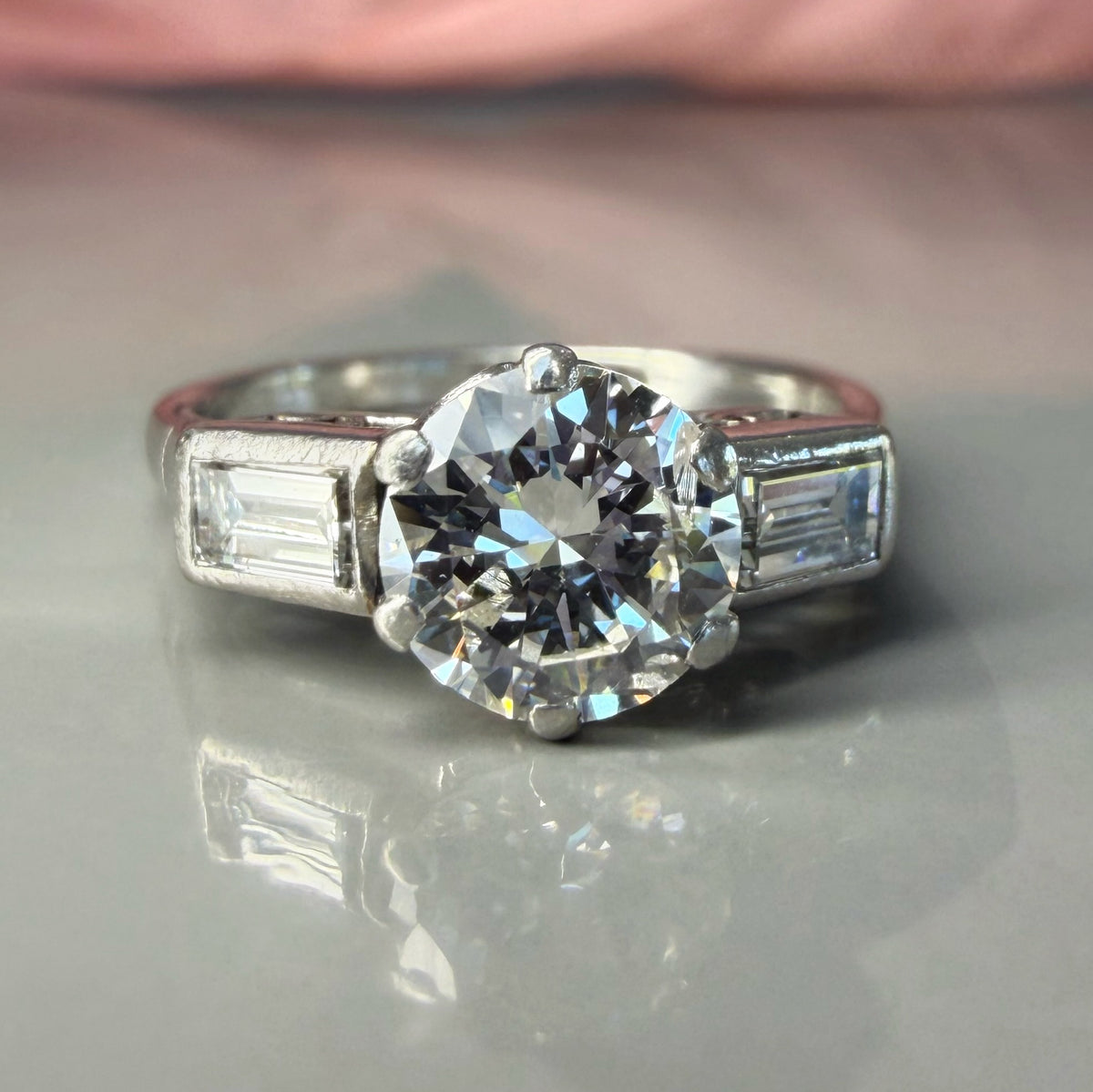 Vintage Solitaire Diamond Ring with Diamond Baguette Shoulders, 1.23ct tcw