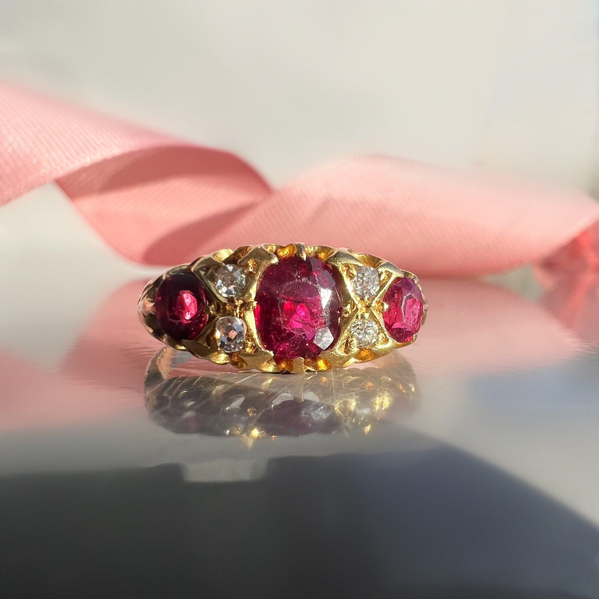 Antique Unheated Ruby and Diamond Half Hoop Ring