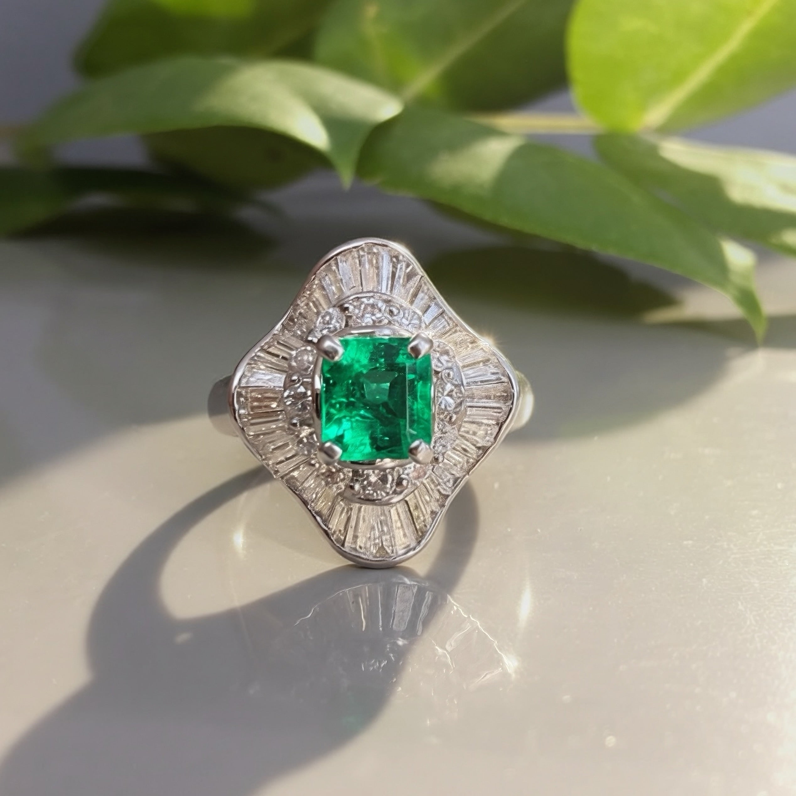Vintage 0.73 Emerald and 1.09ct Diamond Ballerina Ring
