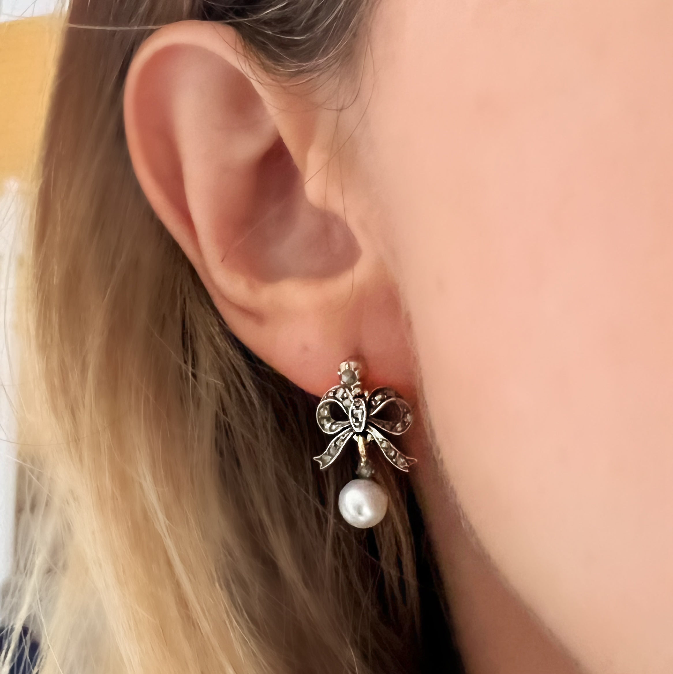 Antique Victorian Rose Cut Diamond and Pearl Bow Earrings