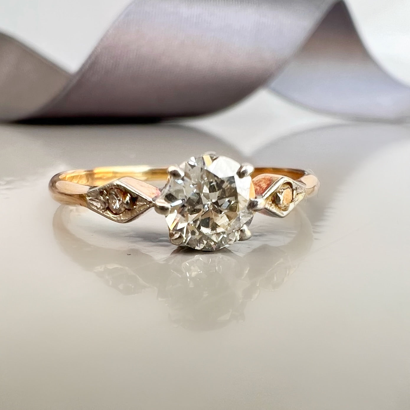 Antique Old Cut Diamond Dainty Ring with Diamond Shoulder Detail