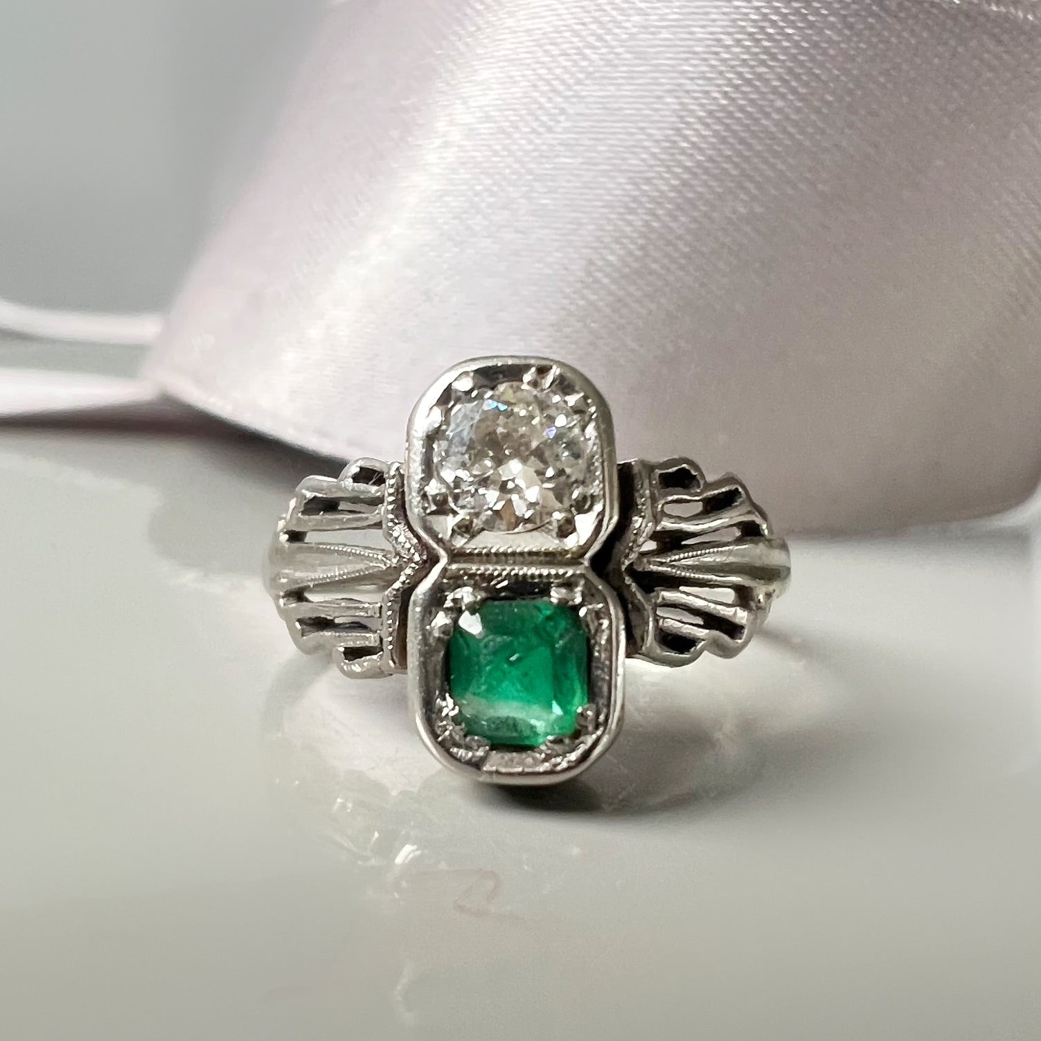 Art Deco Emerald and Diamond 2 Stone Ring