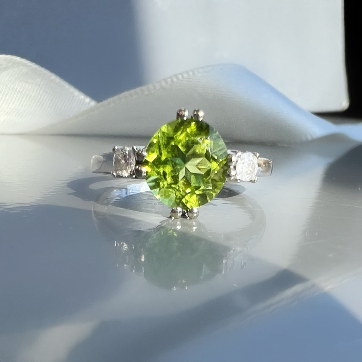 Peridot and Diamond 3 Stone Ring