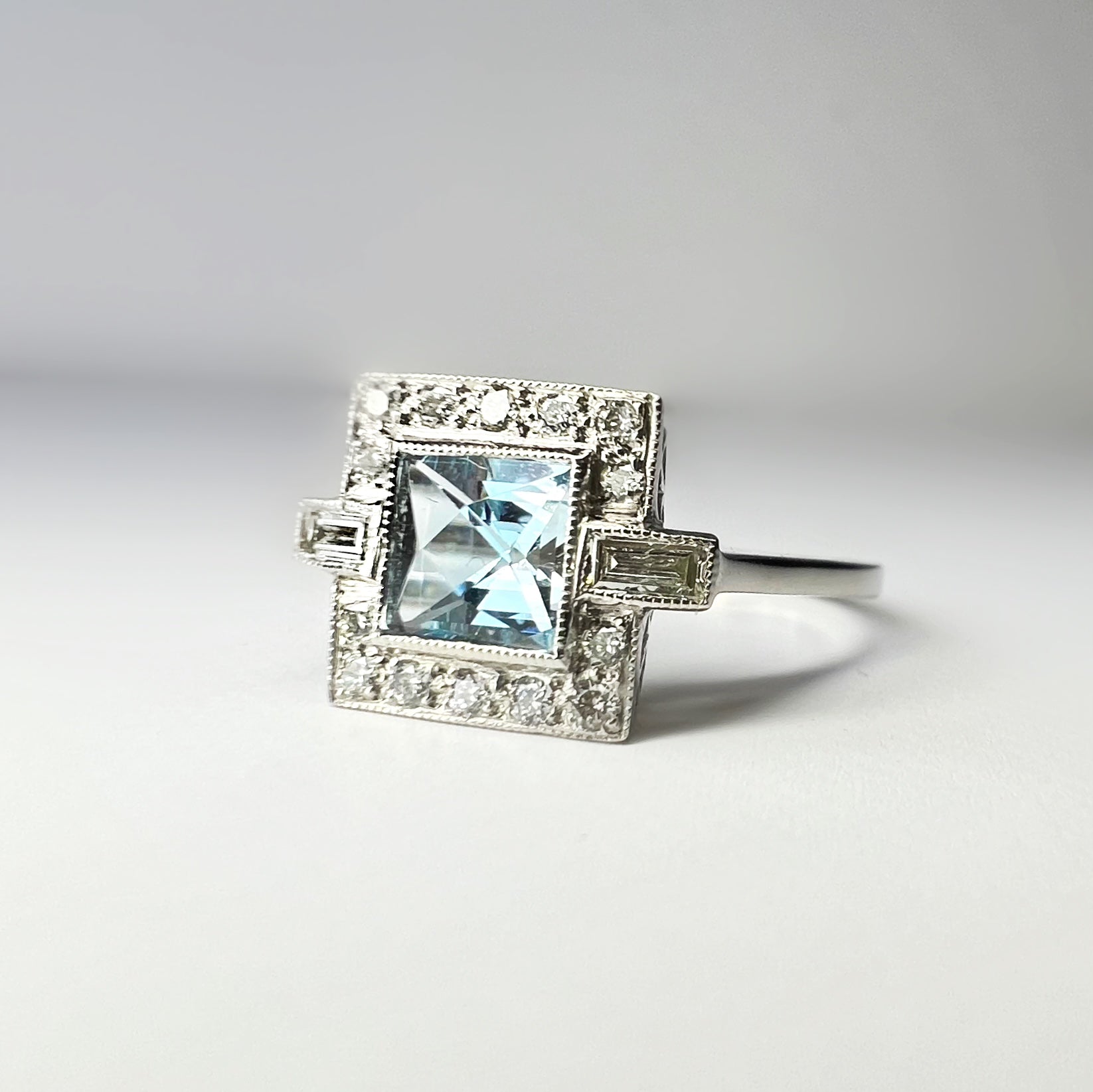 Aquamarine and Diamond Square Cut Art Deco Style Ring