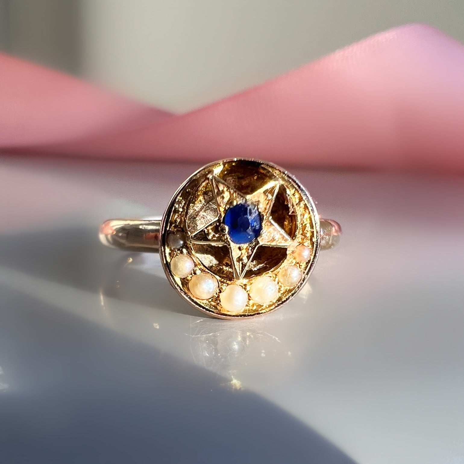 Antique 18ct Gold Sapphire Star and Pearl Moon Ring