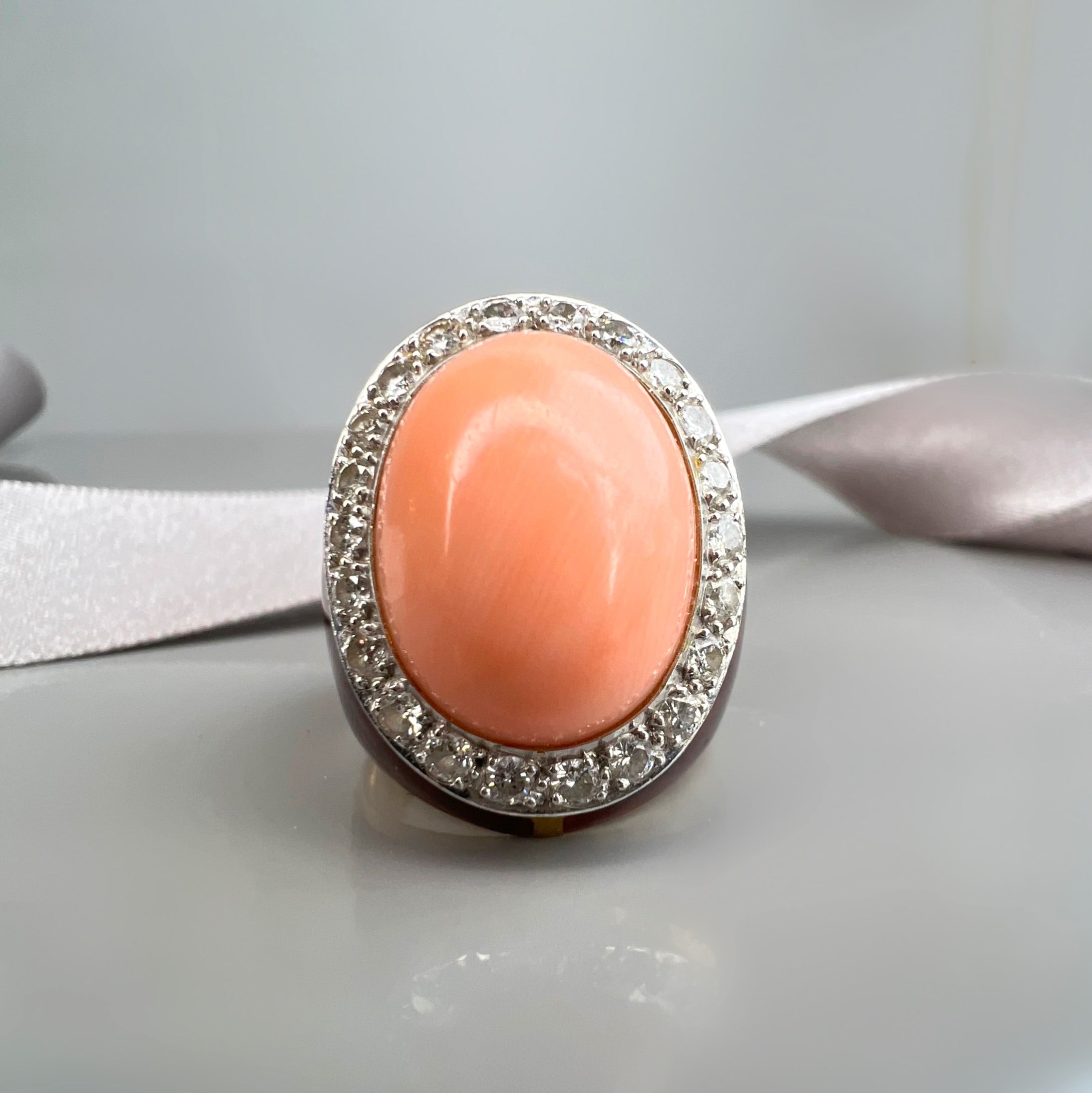 Vintage Coral, Diamond and Enamel Dress Ring