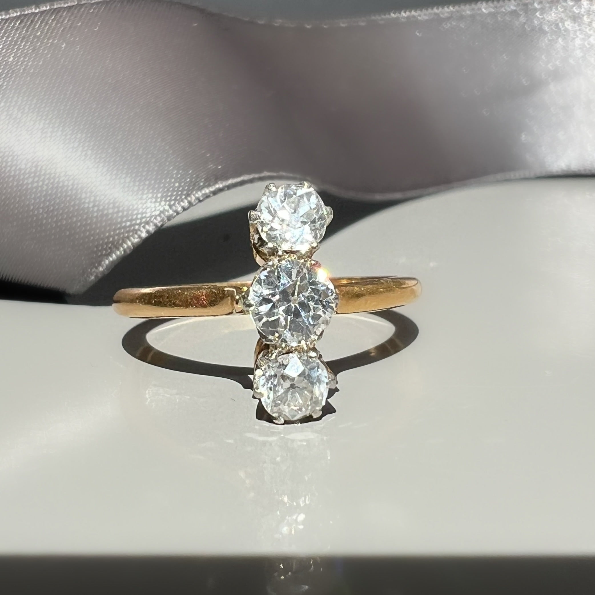 Antique Old Cut Diamond Vertical 3 Stone Ring