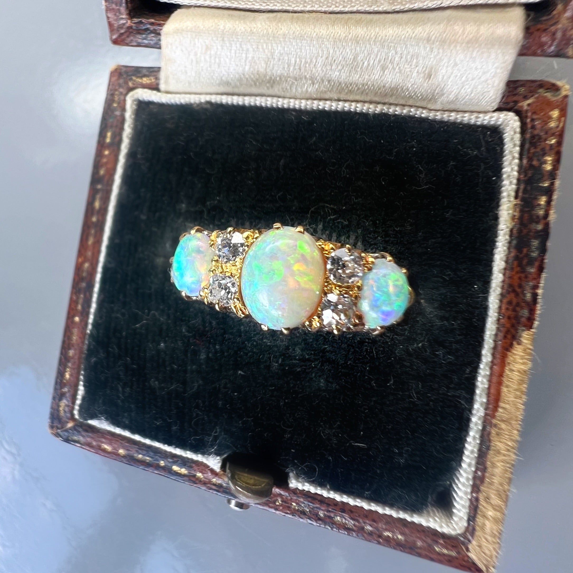 Antique 3 Stone Opal and Diamond Half Hoop Ring