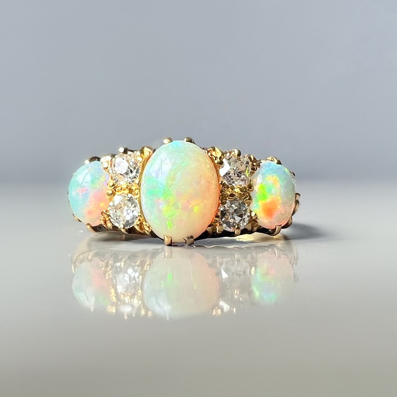 Antique 3 Stone Opal and Diamond Half Hoop Ring