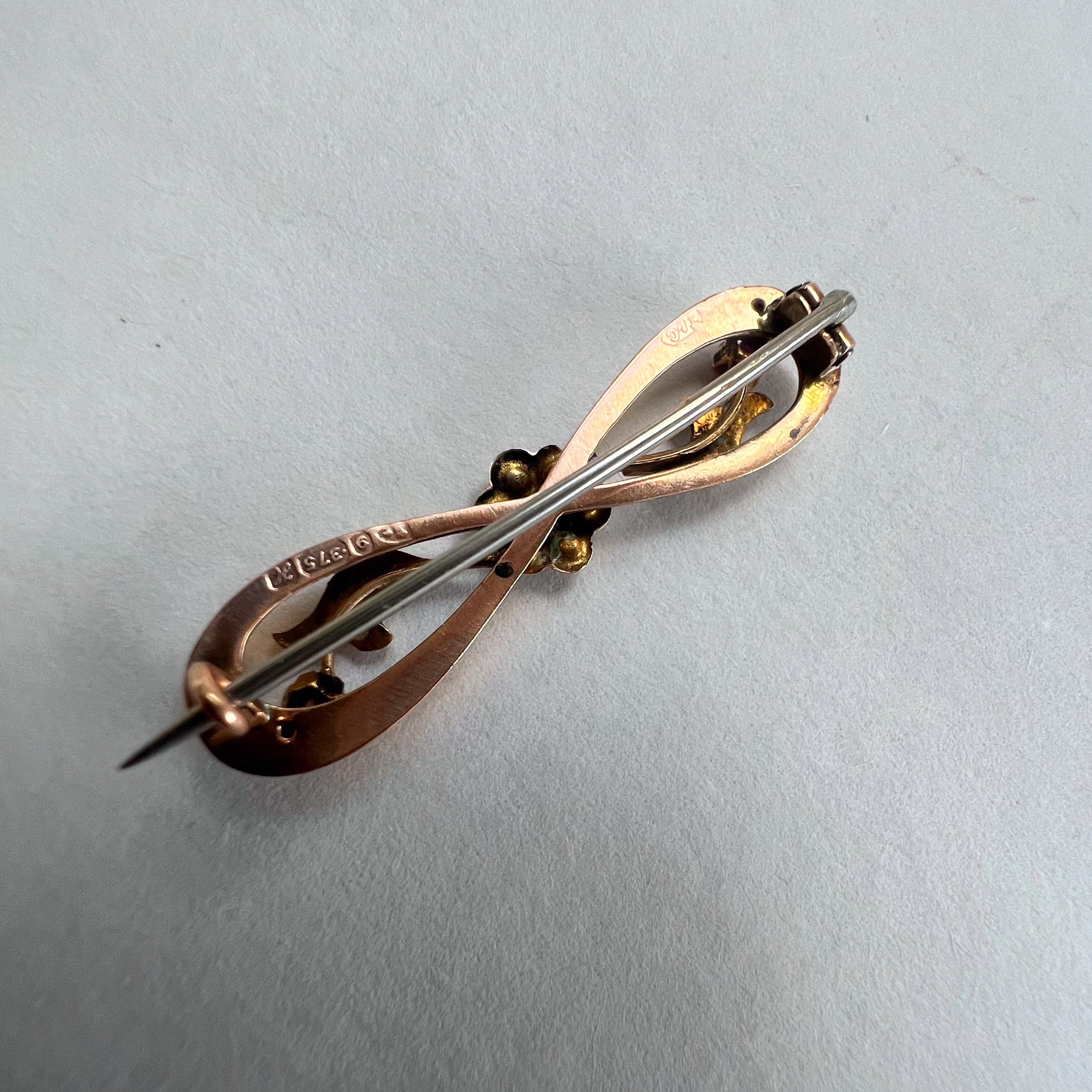 Vintage 9ct Gold Infinity Brooch with Seed Pearls and Rubies