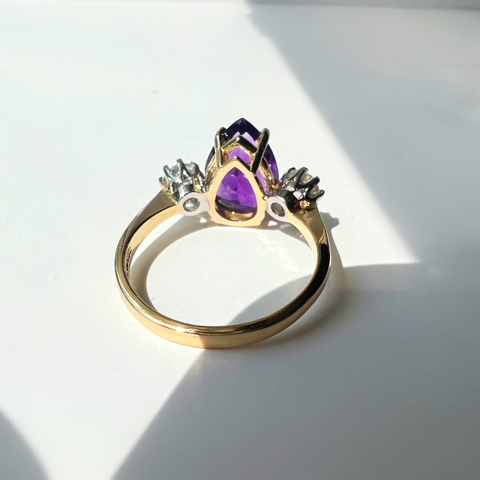 Pear Shaped Amethyst and Diamond 3 Stone Ring