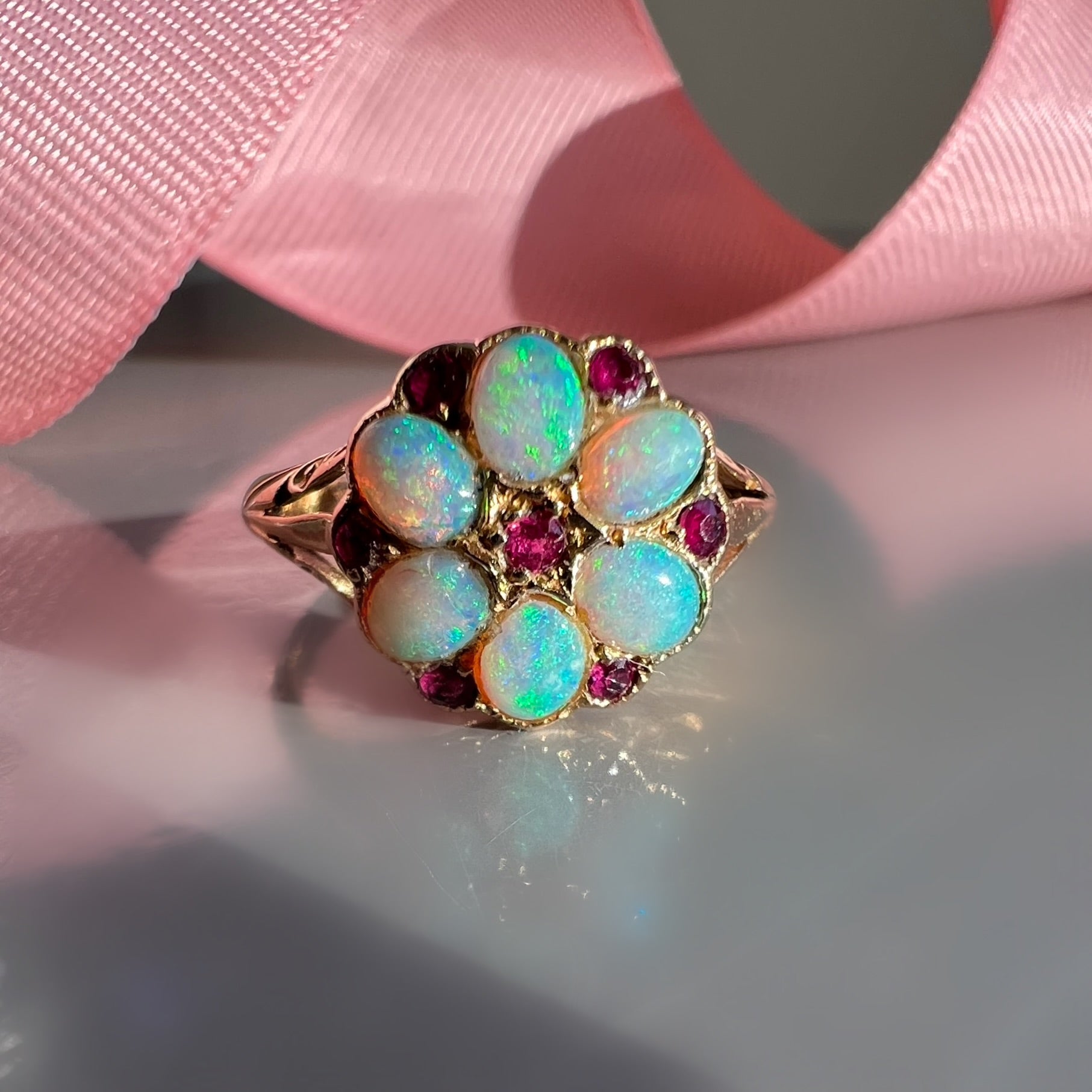 Opal and Ruby Floral Cluster Ring