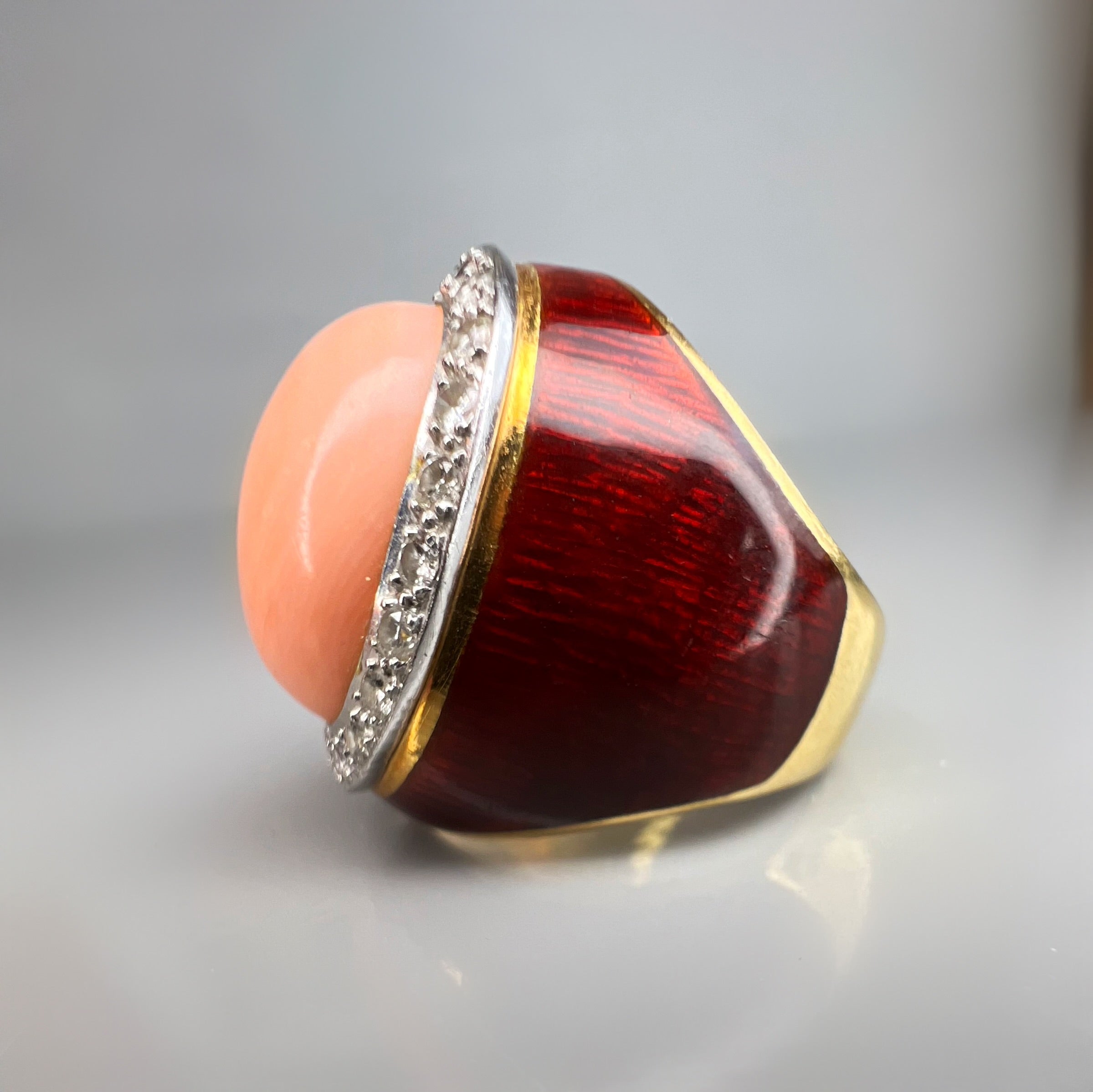 Vintage Coral, Diamond and Enamel Dress Ring