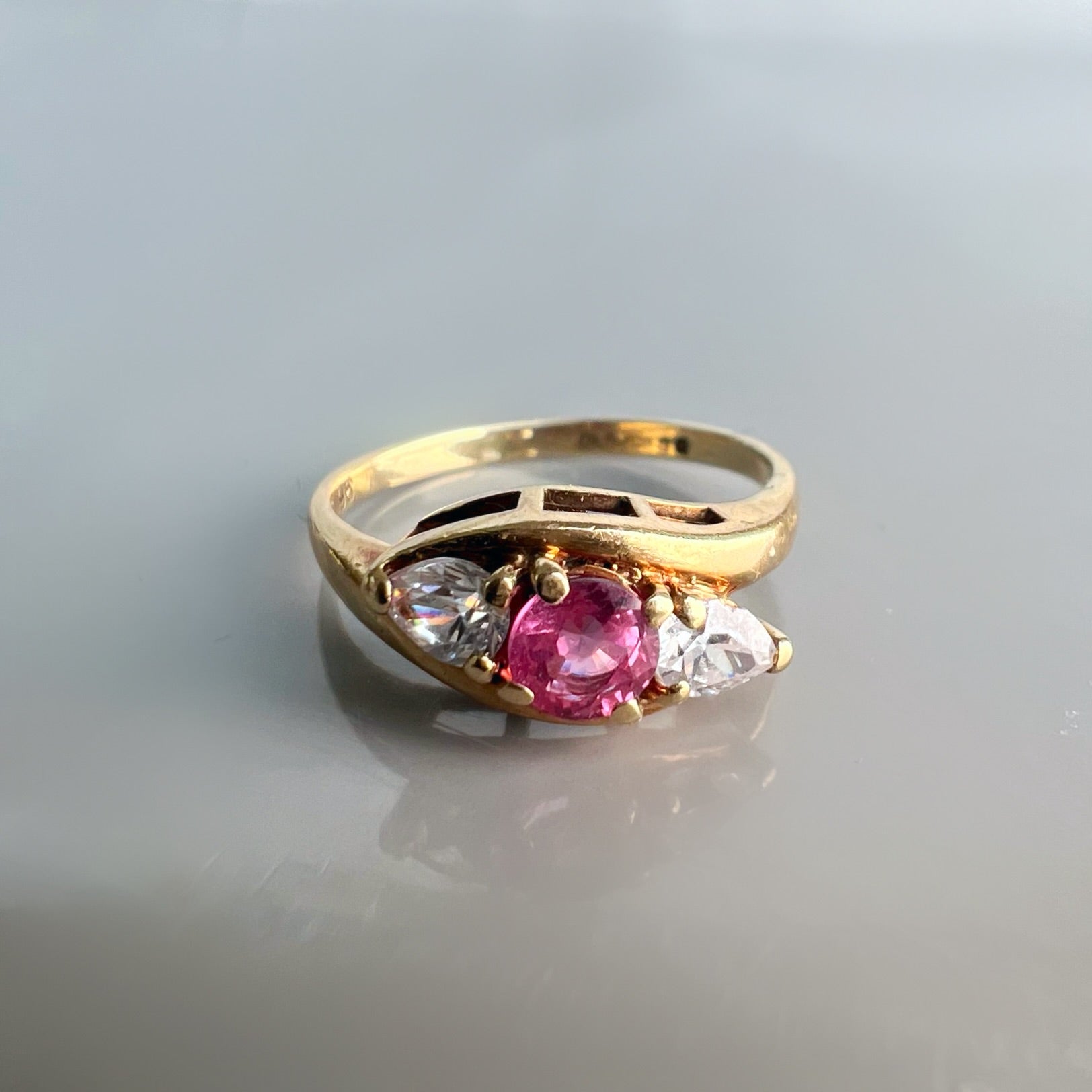 Antique Pink Tourmaline and Diamond 3 Stone Ring