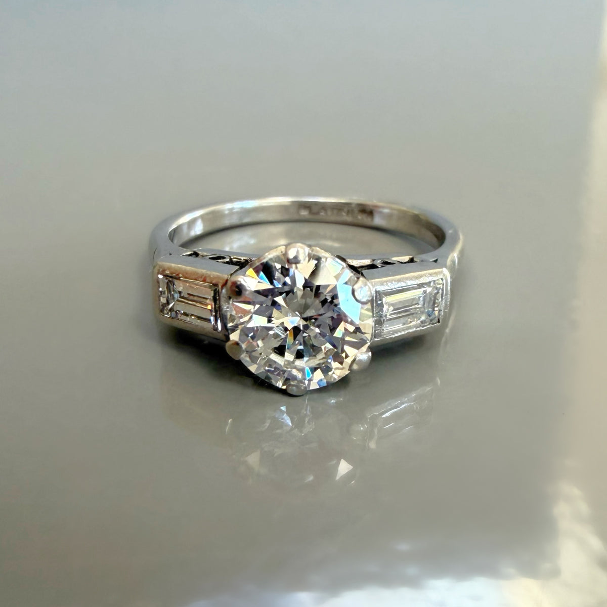 Vintage Solitaire Diamond Ring with Diamond Baguette Shoulders, 1.23ct tcw