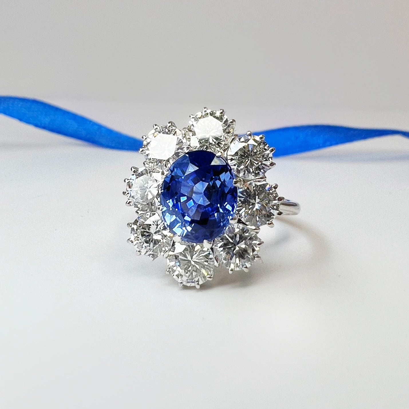 2.96ct Sapphire and 2.40ct Diamond Cluster Ring