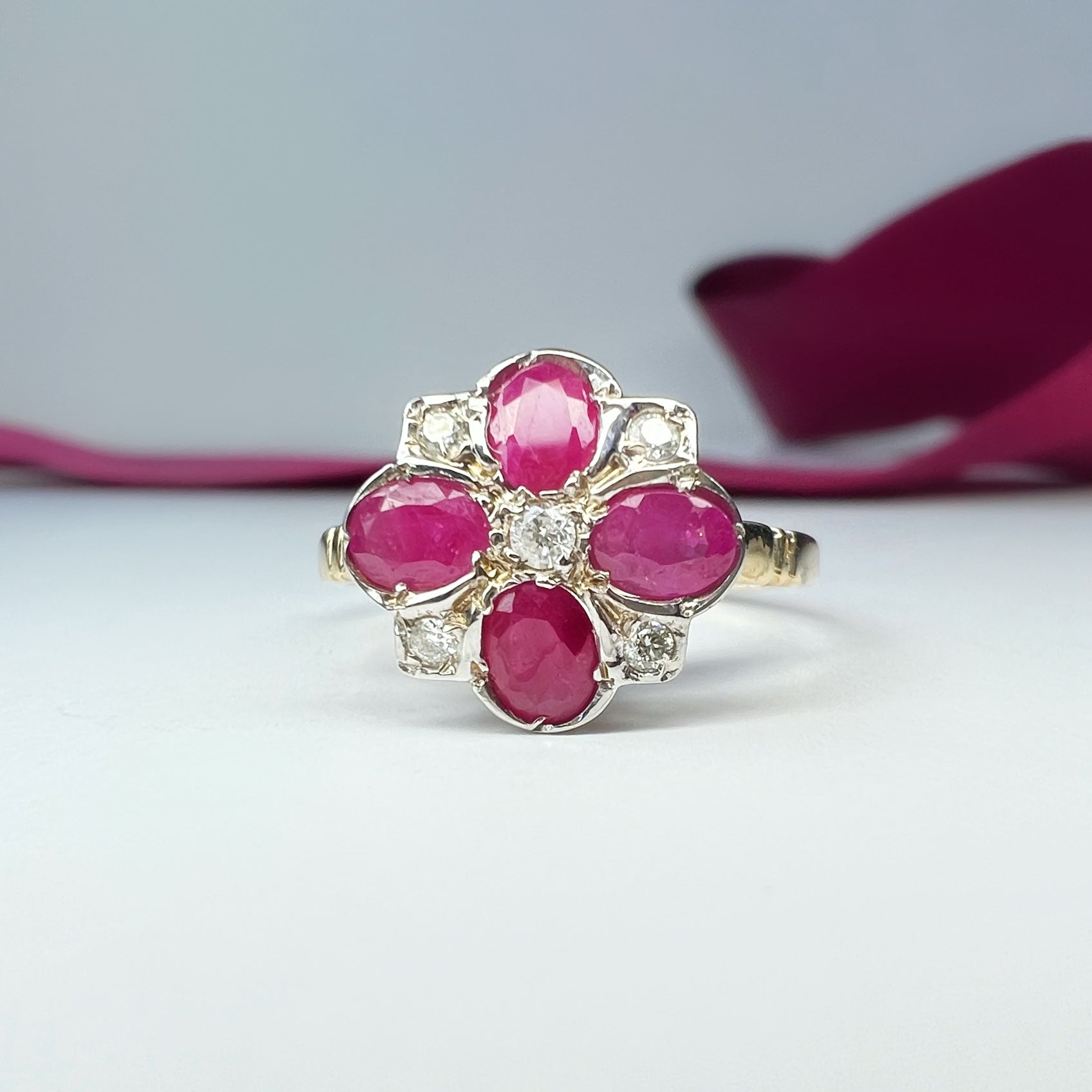 Victorian Style Ruby and Diamond Clover Ring