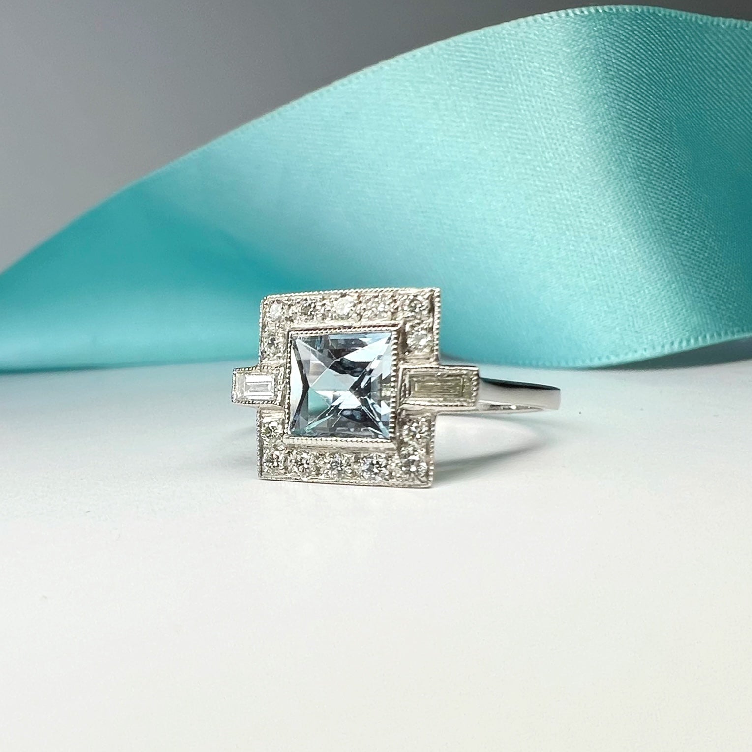 Aquamarine and Diamond Square Cut Art Deco Style Ring