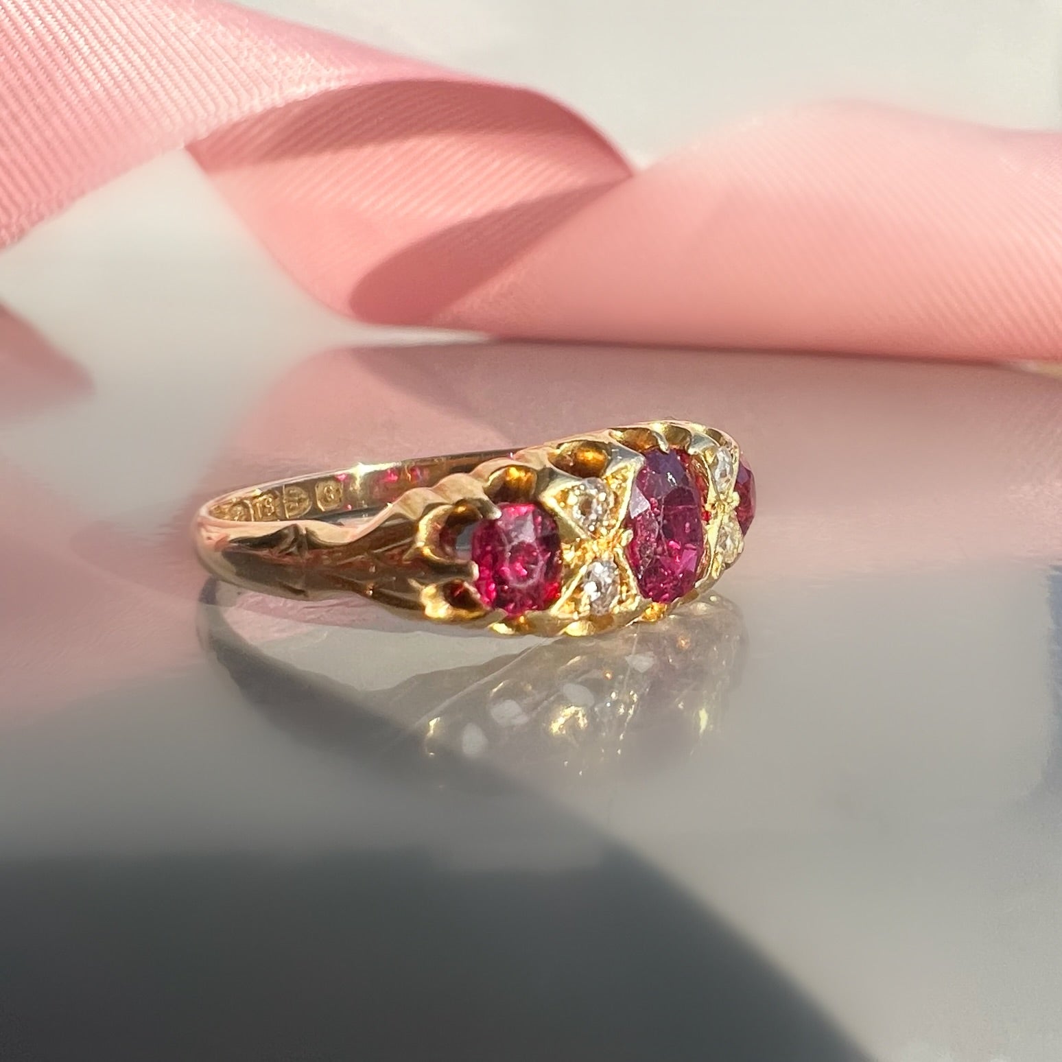 Antique Unheated Ruby and Diamond Half Hoop Ring