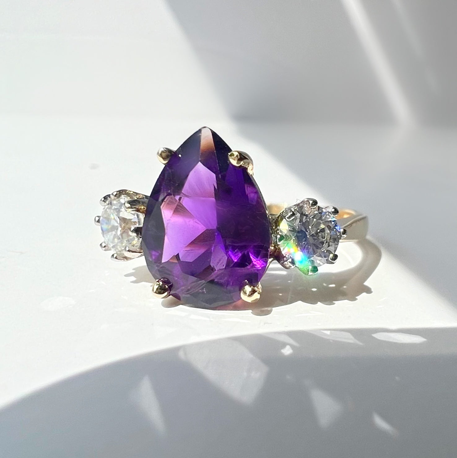 Pear Shaped Amethyst and Diamond 3 Stone Ring