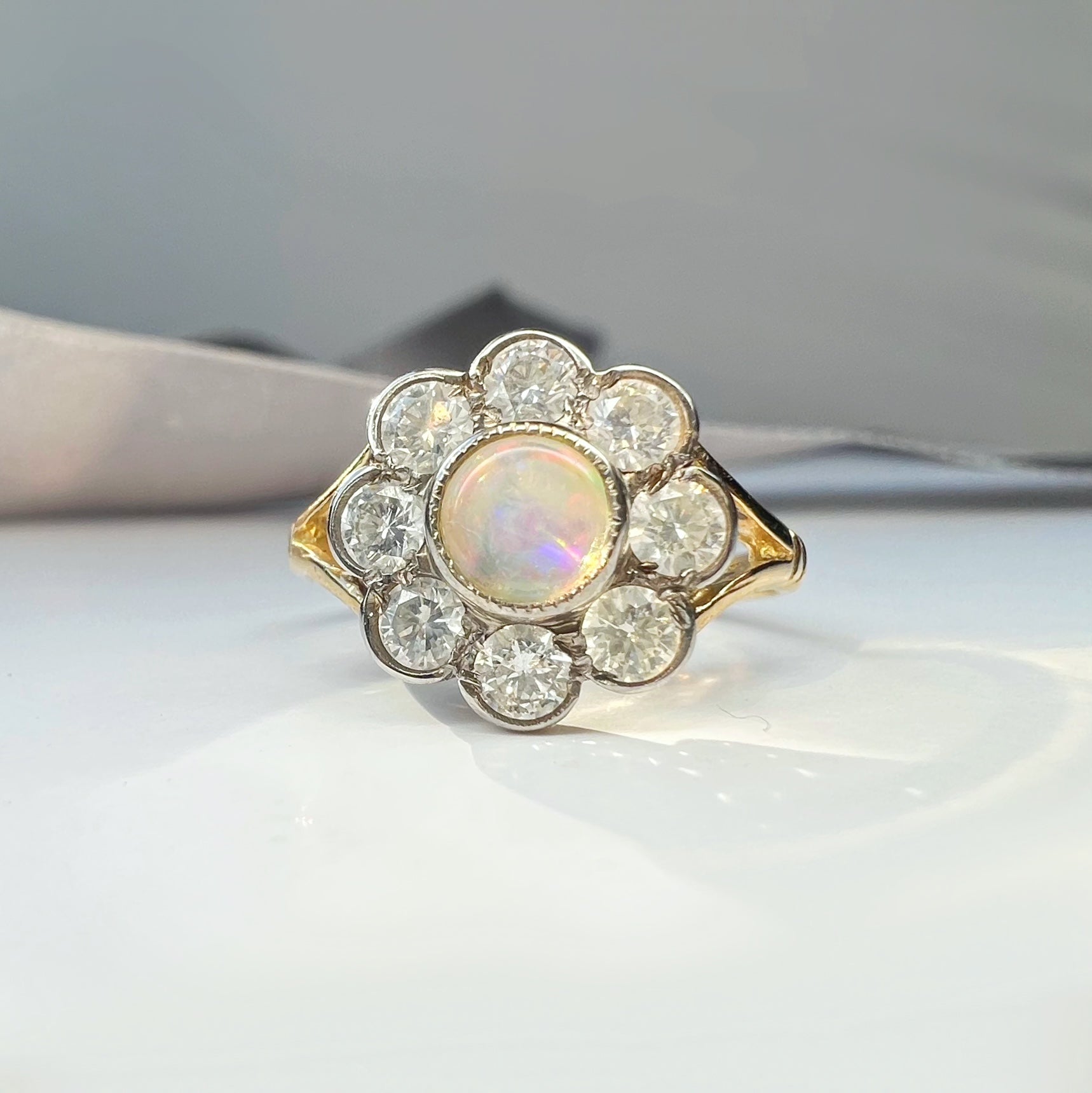 Opal and Diamond Daisy Cluster Ring