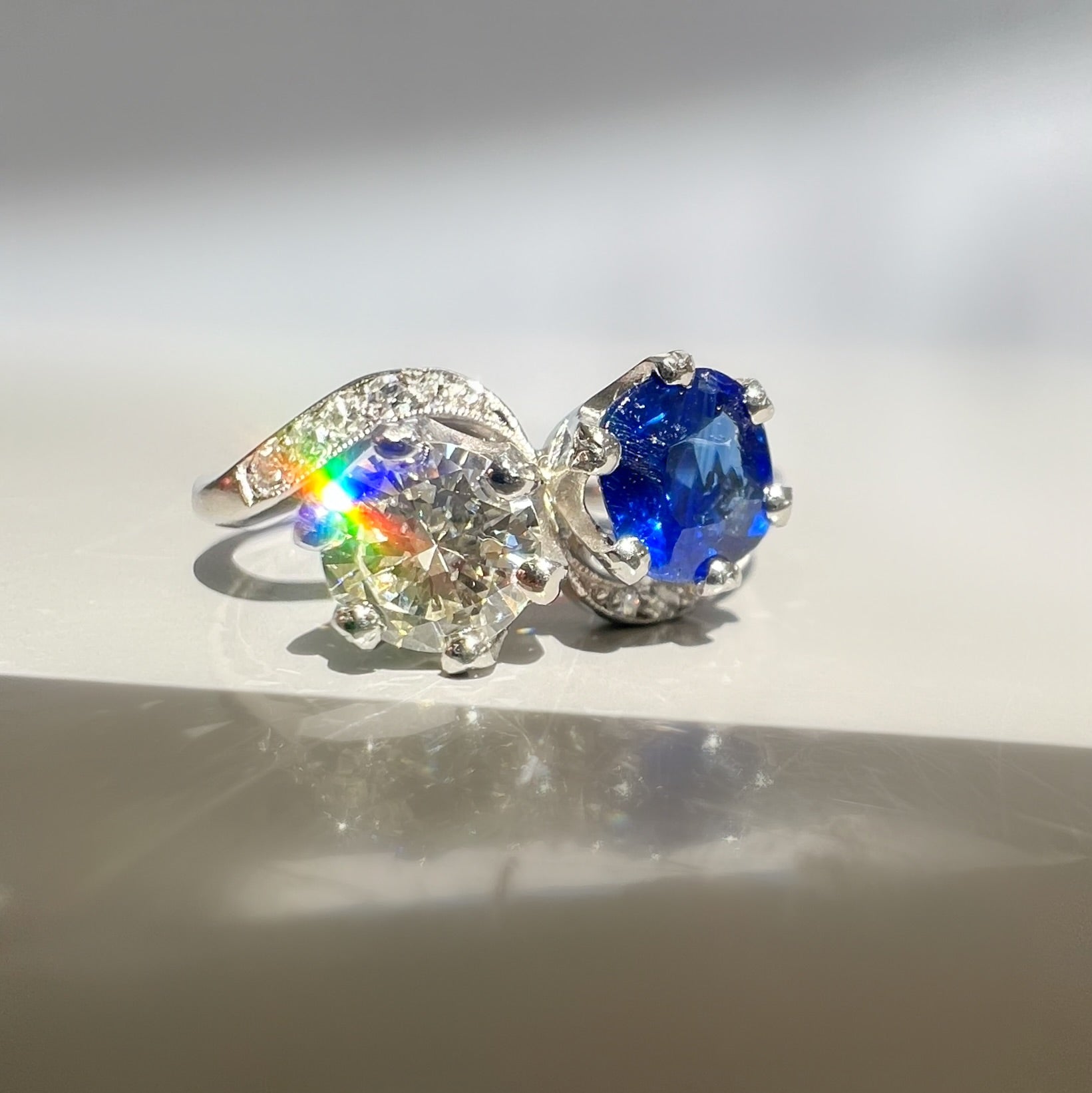 Vintage 1.05ct Sapphire and 0.70ct Diamond Toi et Moi